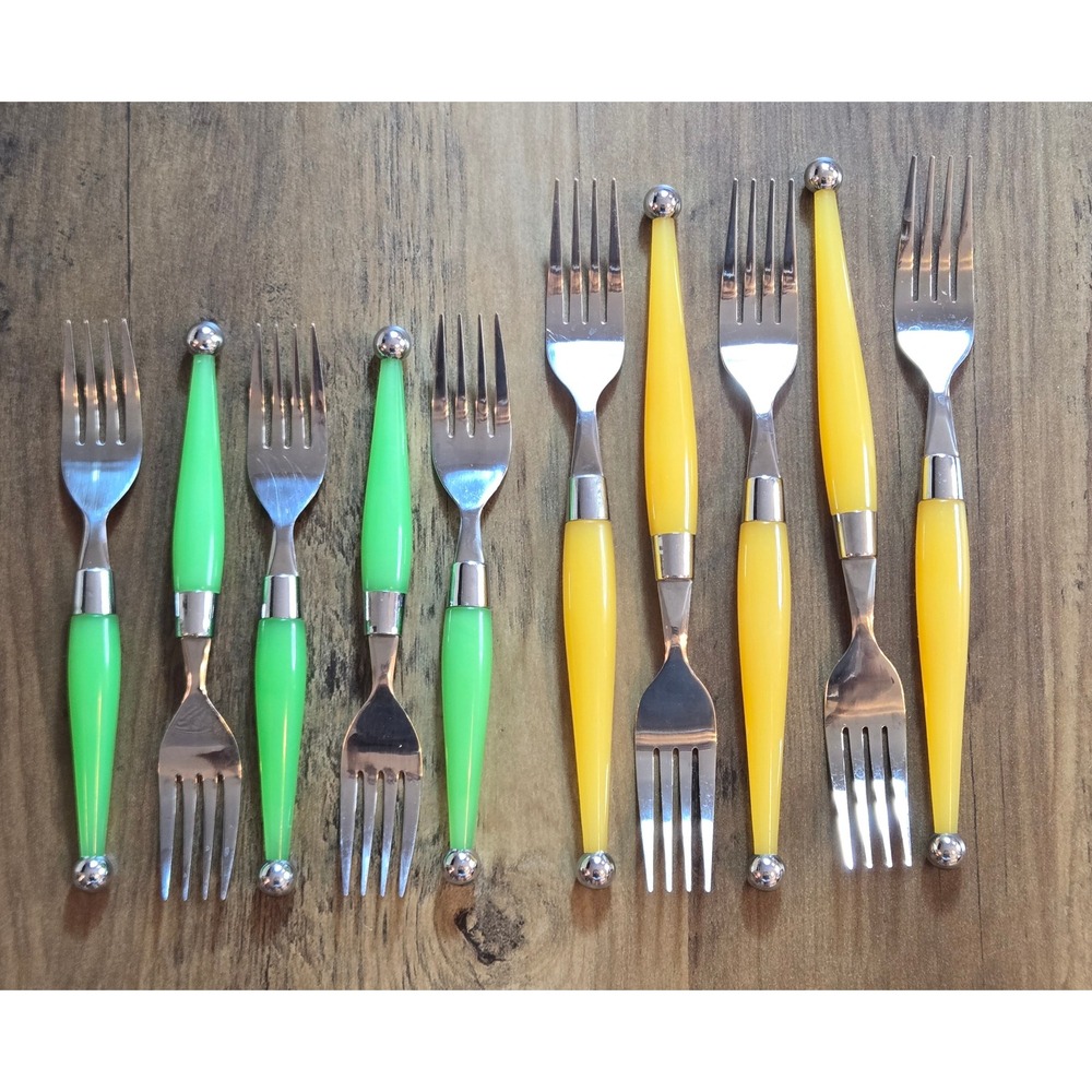 10pc Stainless Steel Dinner Forks Salad Forks Neon Plastic Tapered Handles MCM